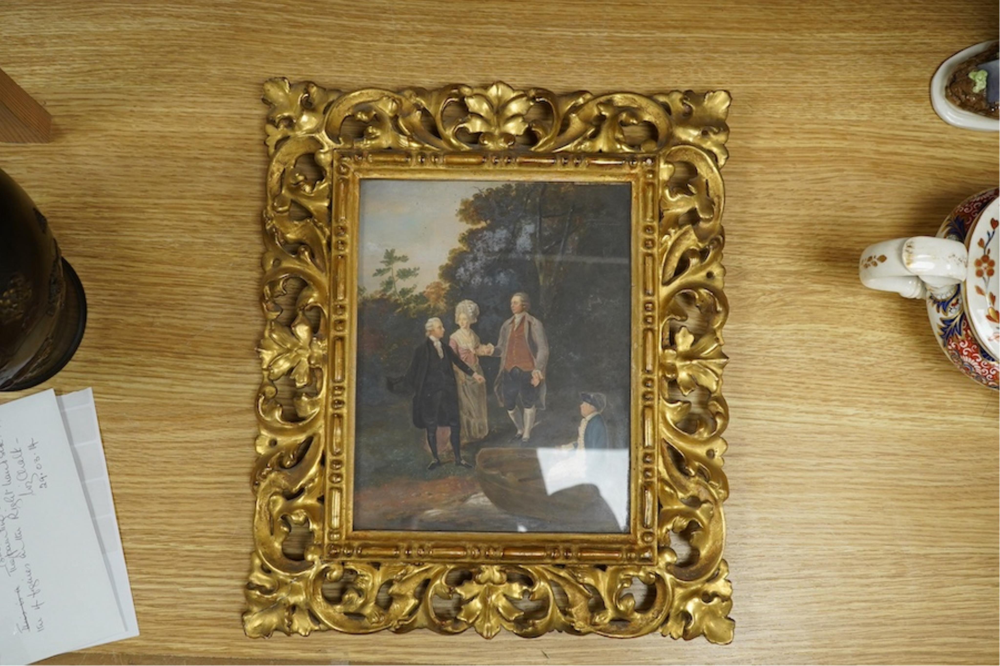 After Francis Wheatley RA (1747-1801), oil on board, ‘The Garden Party’, 22 x 17cm, housed in a giltwood Florentine frame. Condition - fair to good, some damage to the frame